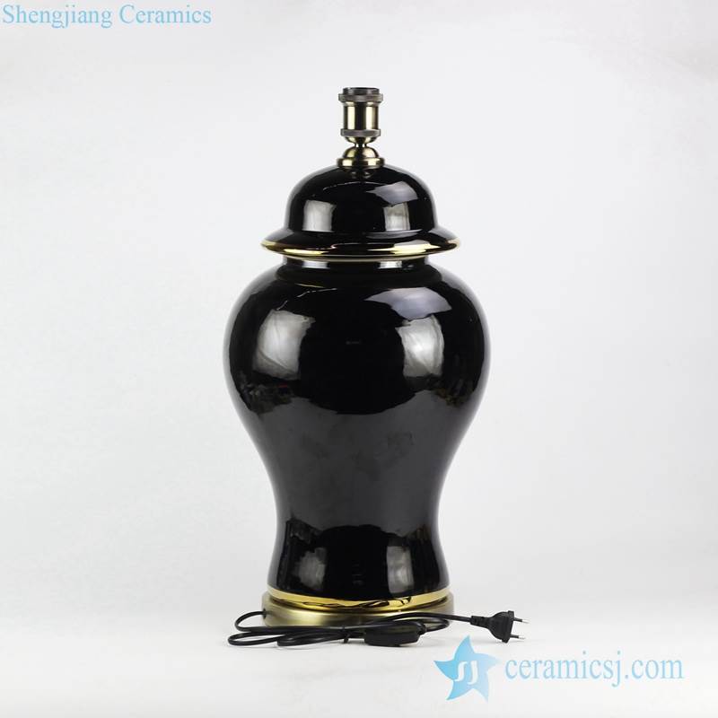 Glossy black porcelain ginger jar lamp with gold line and brass base bulb holder