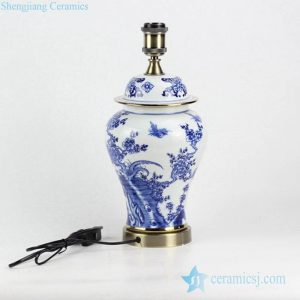 DS93-RYCI40 2017 New arrival factory outlet low price blue and white hand drawing bird floral pattern brass basement vintage ceramic reading lamp