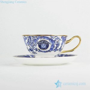 RYIJ05 Gold pleated blue and white crockery coffee tea cup with saucer