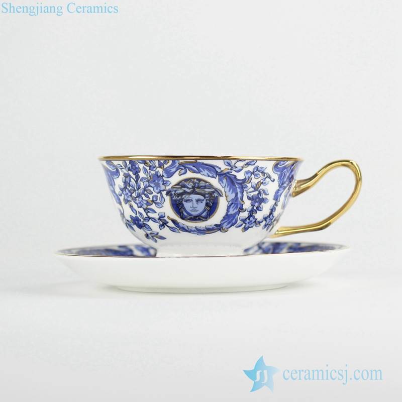Gold pleated blue and white  crockery coffee tea cup with saucer 