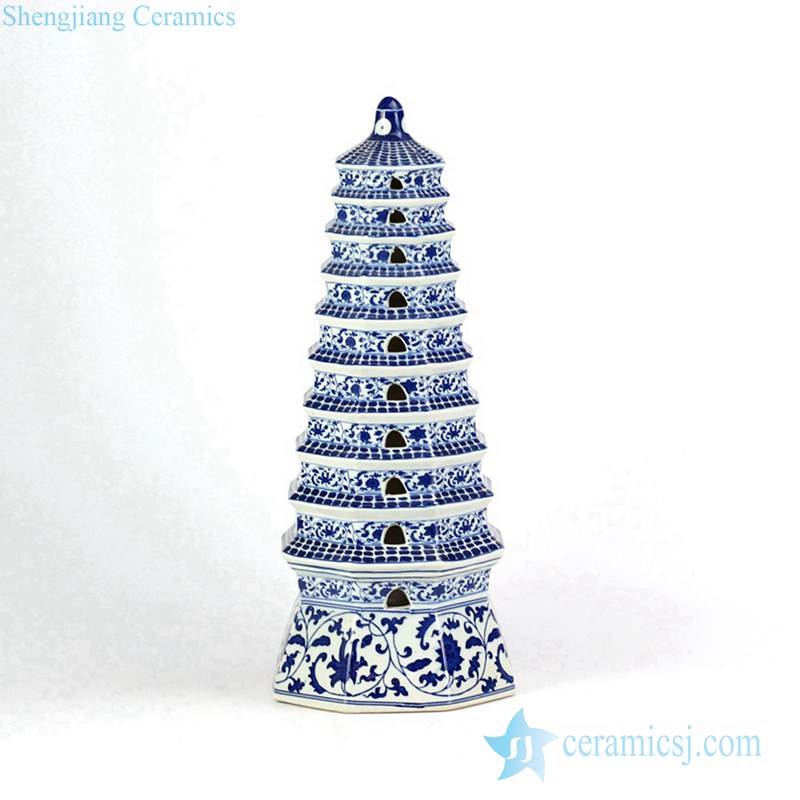 Blue and white floral pattern new arrival Buddhism porcelain pagoda figurine