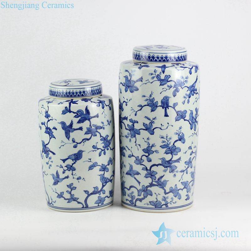 Bulk sale cobalt blue bird branch pattern pair of ceramic tin jar