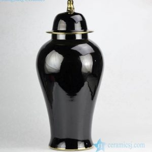 RYNQ239-B Glossy black glaze graceful large porcelain ginger jar with gold lion knob and rim