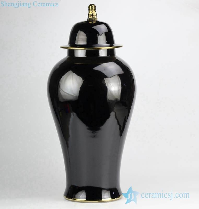 Glossy black glaze tall porcelain ginger jar with gold lion knob and rim