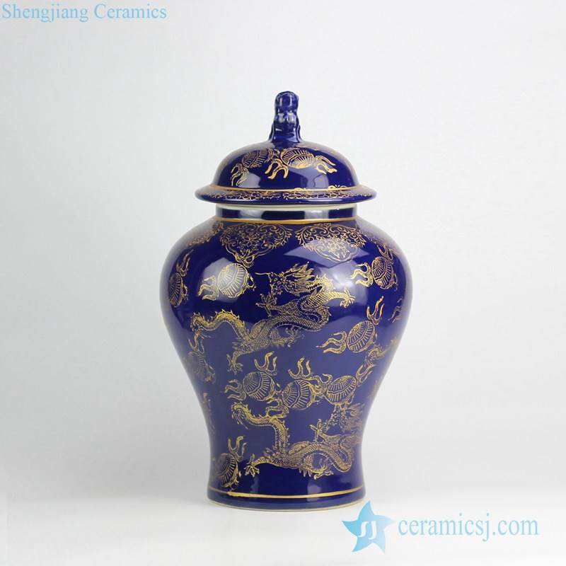 Indigo blue gold flying dragon ceramic jar 