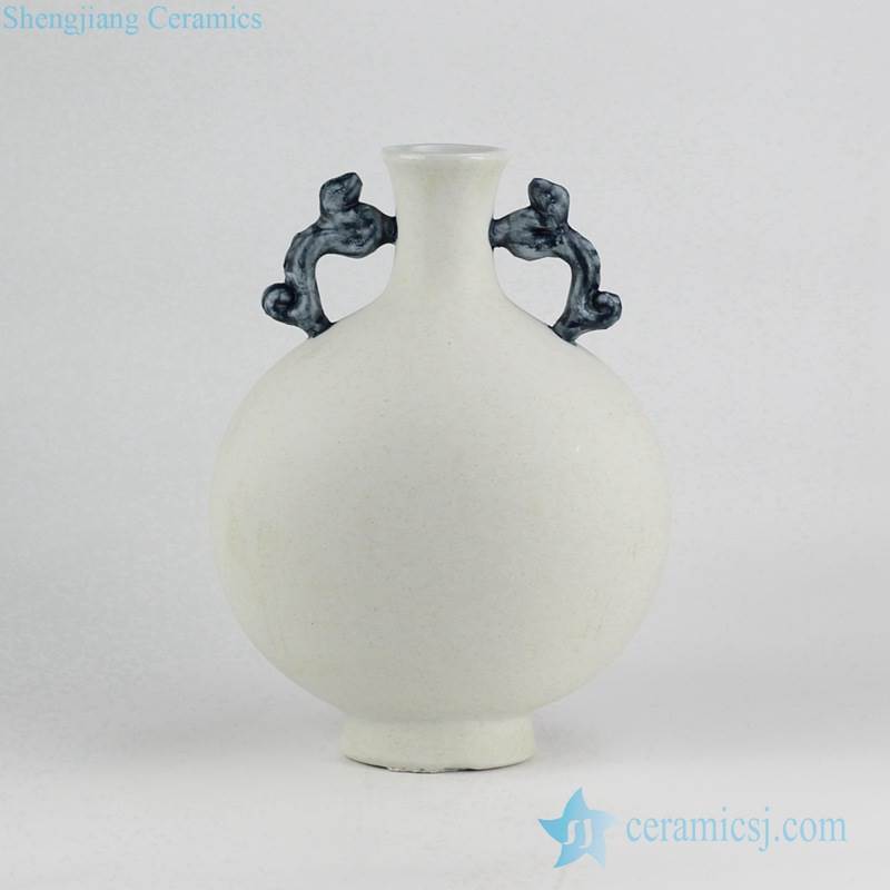 Speckle natural clay style matt white chinaware vase with blue handles