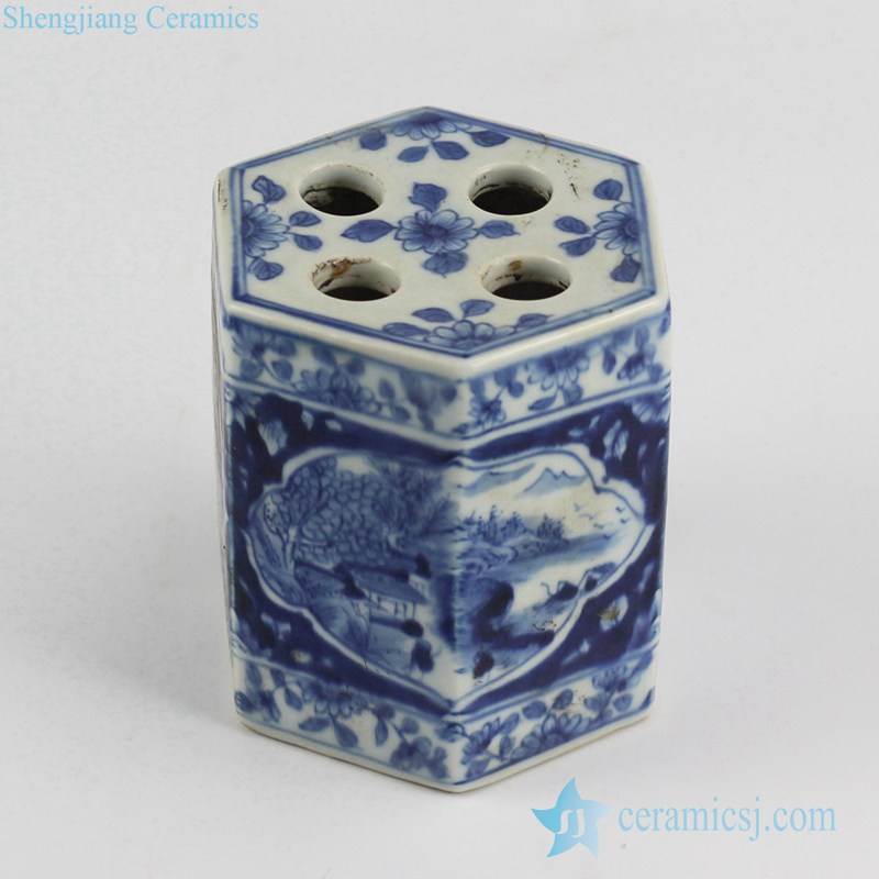 Antique style blue and white hand paint country landscape pattern porcelain teeth brush holder