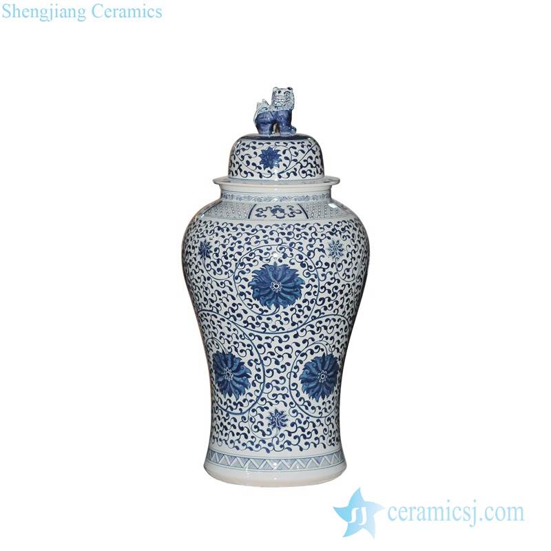  Treasure and fairy flower pattern blue and white hand paint large porcelain ginger jar with lion knob
