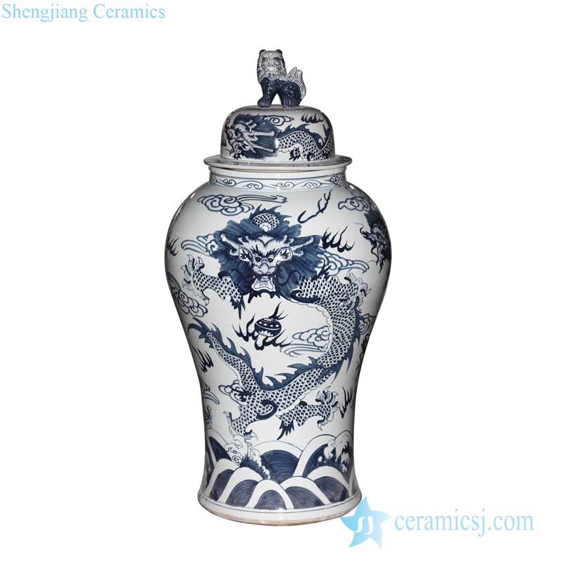  Lion knob  grandeur blue and white hand draft lion pattern tall ceramic ginger jar