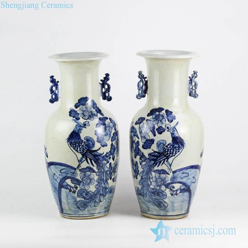 High quality cheap price hand drawing phoenix pattern pair of wedding porcelain jar with lug ears