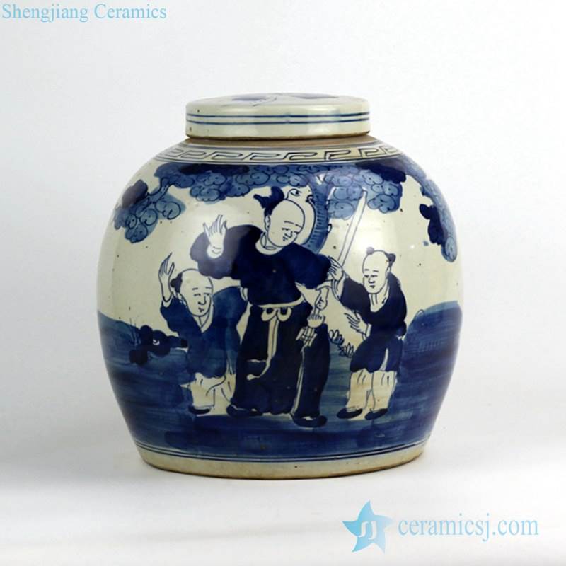 Blue and white ancient Chinese folk kung fu teaching pattern ceramic storage jar