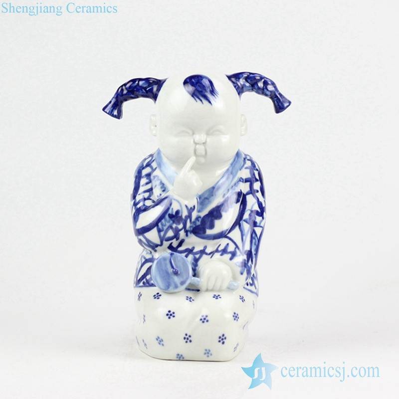 Blue and white cute kid with pigtail porcelain home decor figurine