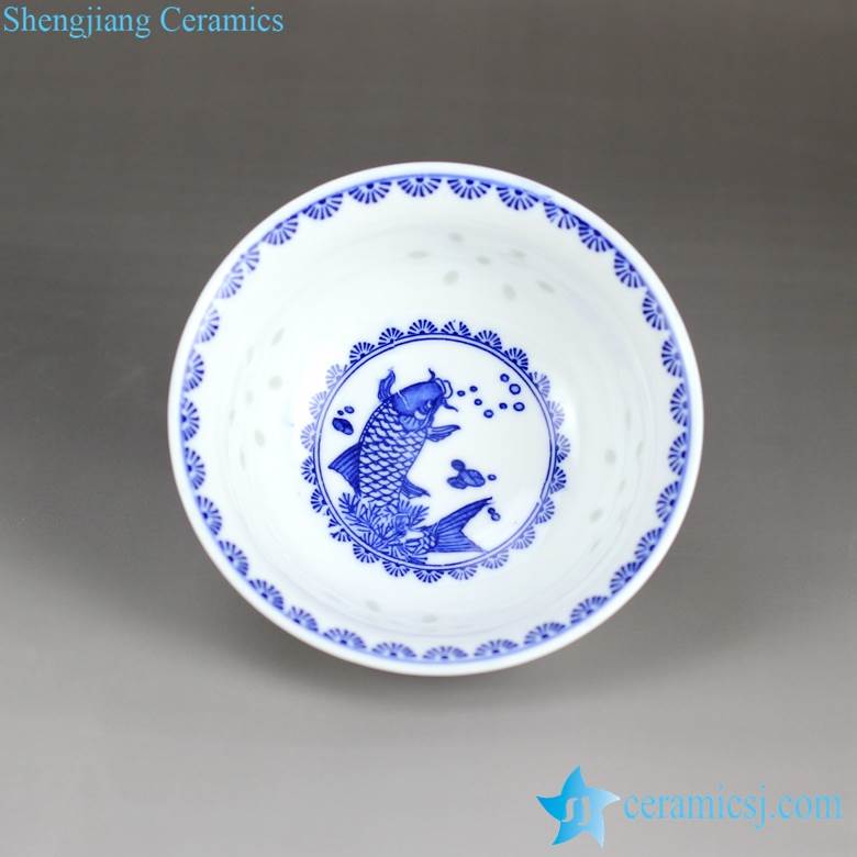 Blue and white carp pattern score translucent rice  pattern porcelain bowl