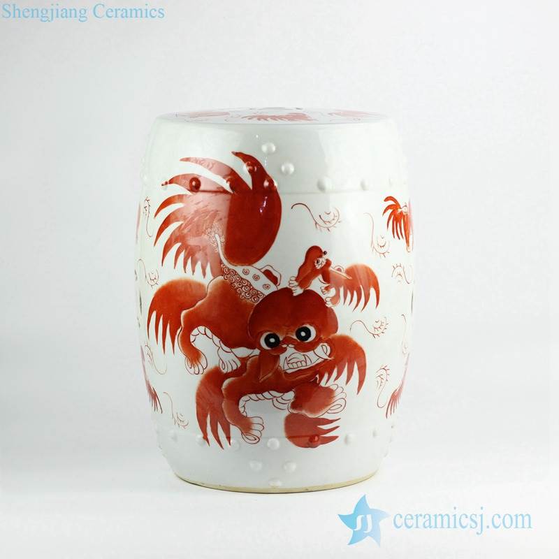 Bright red color dancing fire lion pattern hand paint porcelain outdoor stool