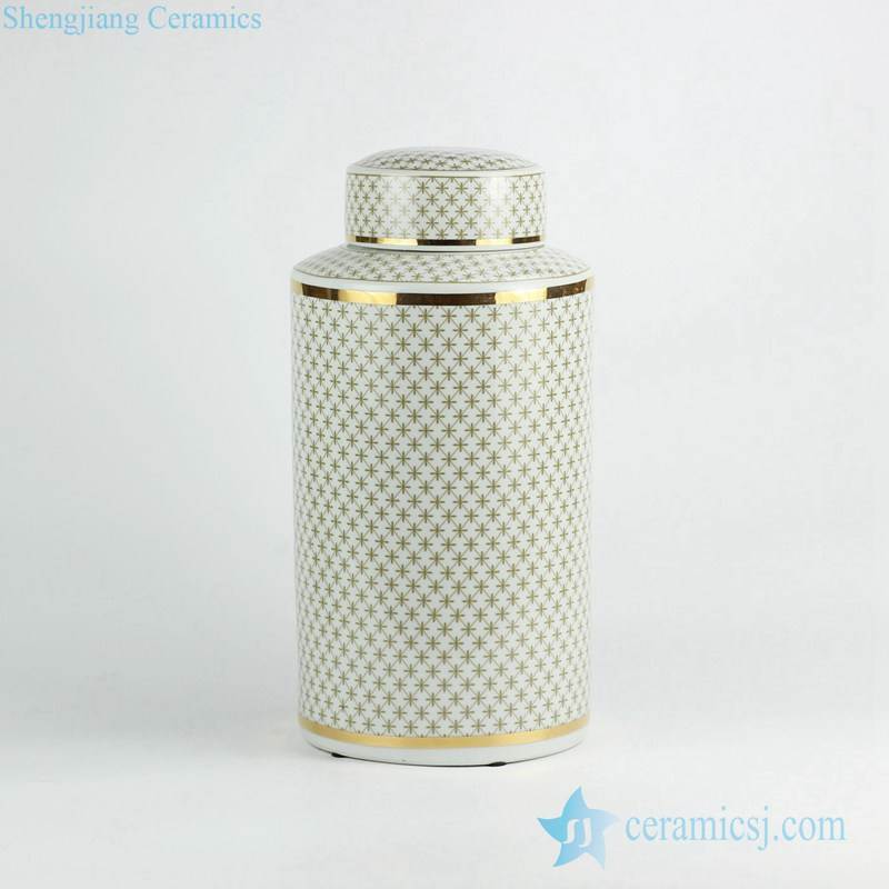 Golden cross design tubular shape porcelain ceramic jar