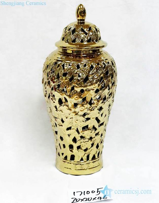 Hollow out design carved floral and leaves gold ceramic temple jar