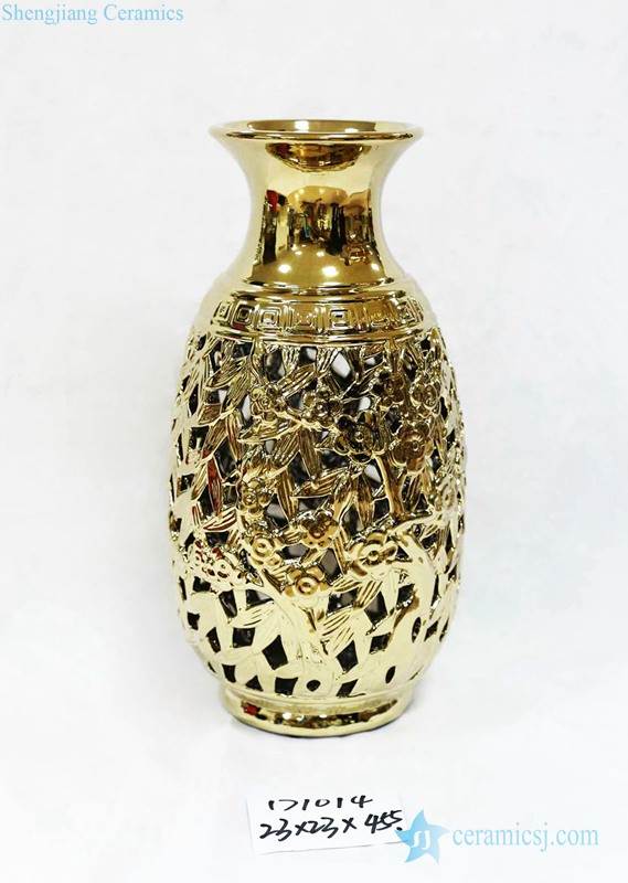 Carved out gold leaves porcelain flower jar