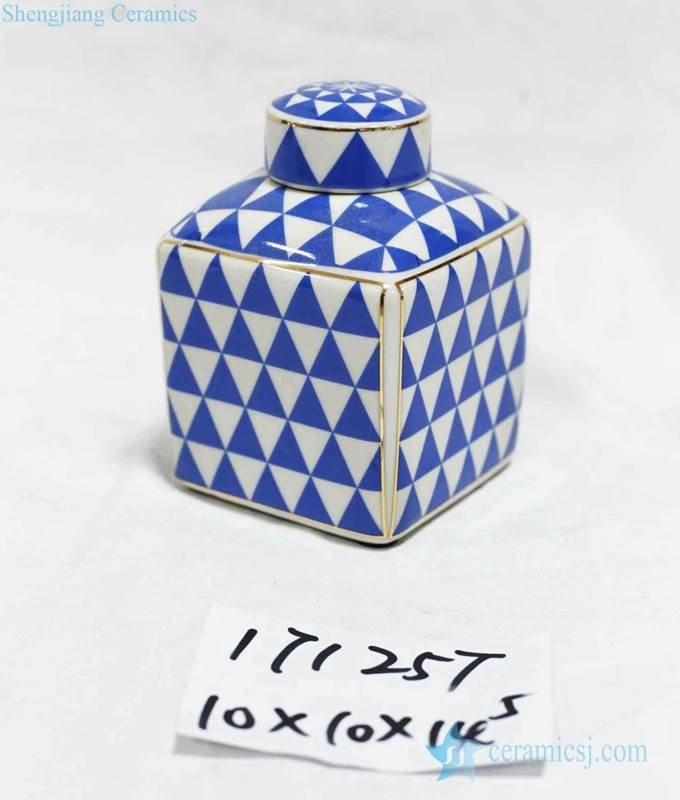 Blue triangle with gold frame porcelain box jar