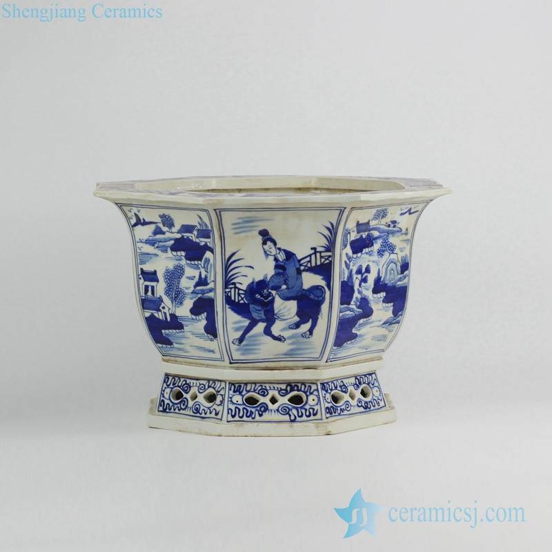 China ancient maiden pattern hand paint blue and white octal porcelain planter