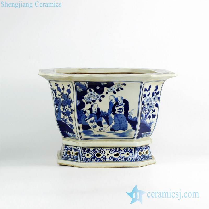 Octal blue and white ancient Chinese artist pattern porcelain nursery planter