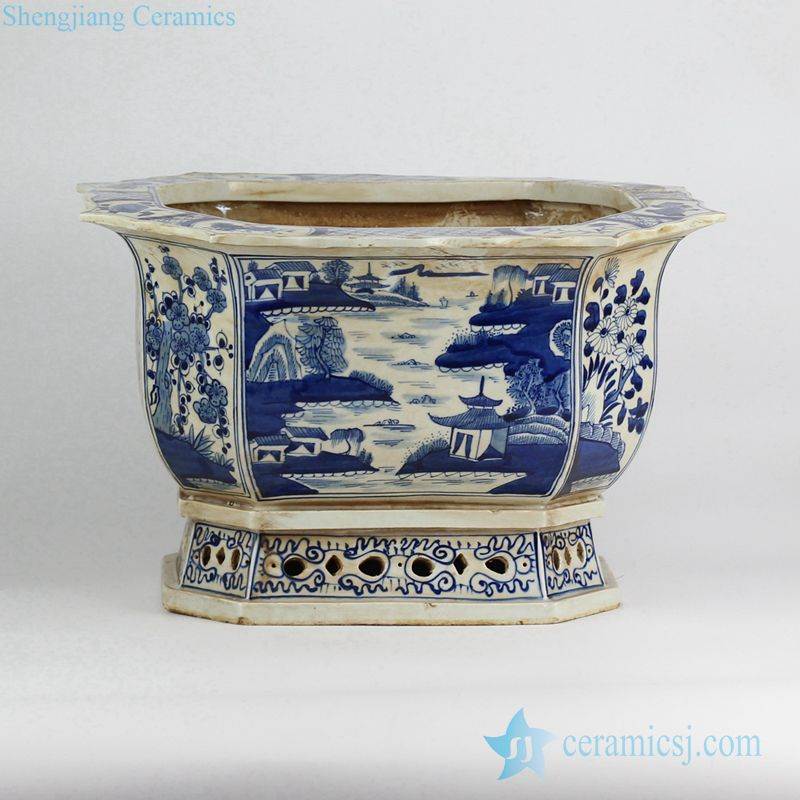 blue and white scenery pattern hand paint porcelain orchid pot 