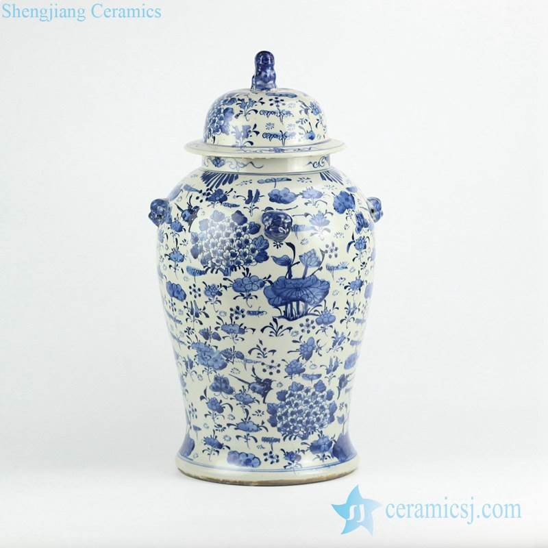 Wholesale cheap price hundred floral pattern porcelain temple jar with lion knob