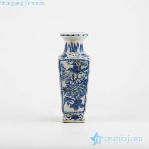 RZKU01 Blue and white hand paint bird flower four side porcelain vase