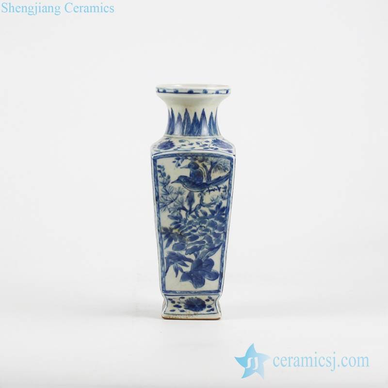 Blue and white hand paint bird flower four side porcelain vase