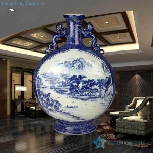 RZKV01 Blue and white mountain and river pattern ceramic holding moon shape vase with lion lug