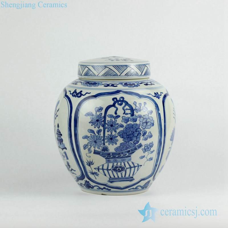 Flower basket pattern blue and white ceramic urn with flat lid 