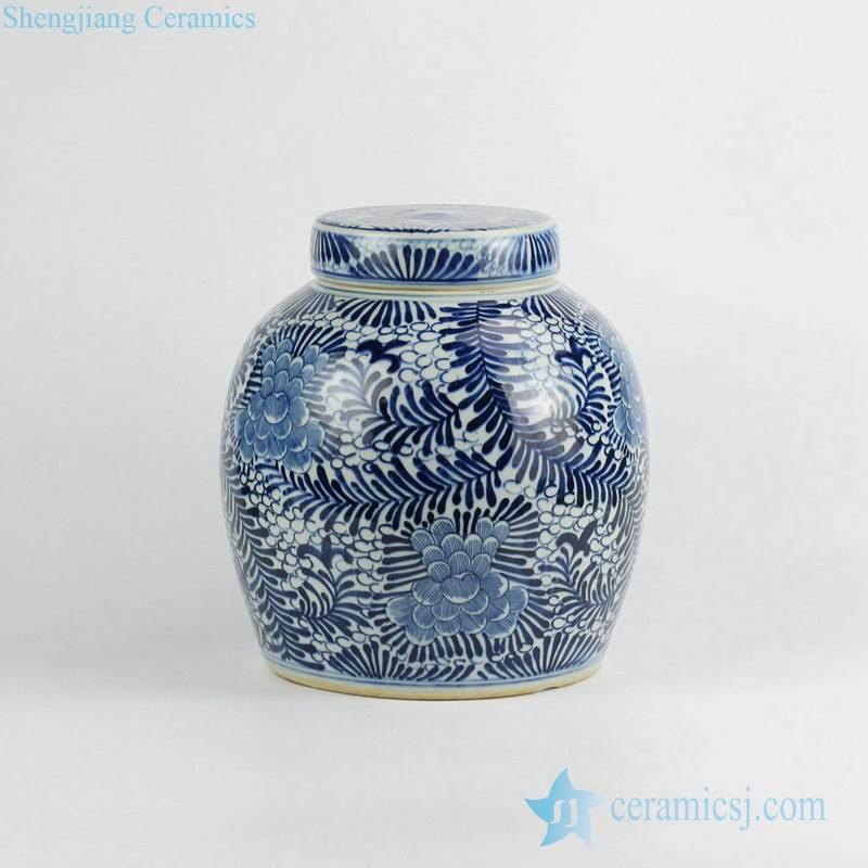 Blue and white hand paint tropical floral pattern ceramic urn with flat lid