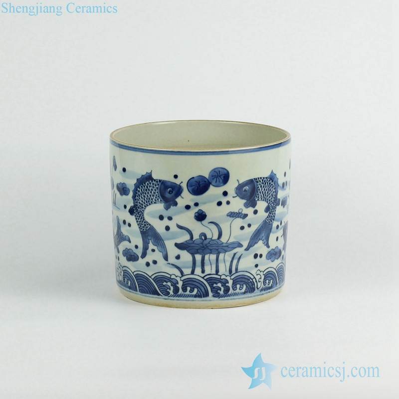 Double carp pattern hand paint blue and white tubular ceramic vase