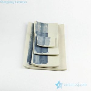 RZKZ01 Linen cloth texture blue brush line pottery serving plates