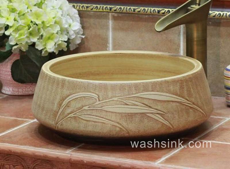 TPAA-050-w15h41j395 TPAA-050 Round ceramic wash basin bowl with carved reed pattern - shengjiang  ceramic  factory   porcelain art hand basin wash sink