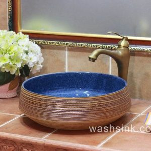 TPAA-053 Starry sky blue inside and carved circle pattern ceramic farmhouse sink