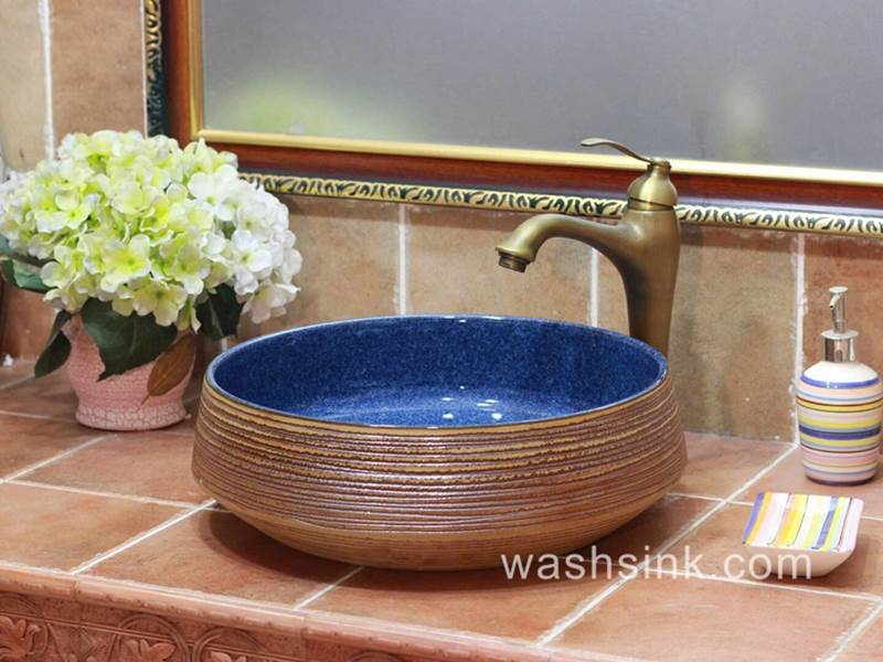 Starry sky blue inside and carved circle pattern ceramic farmhouse sink