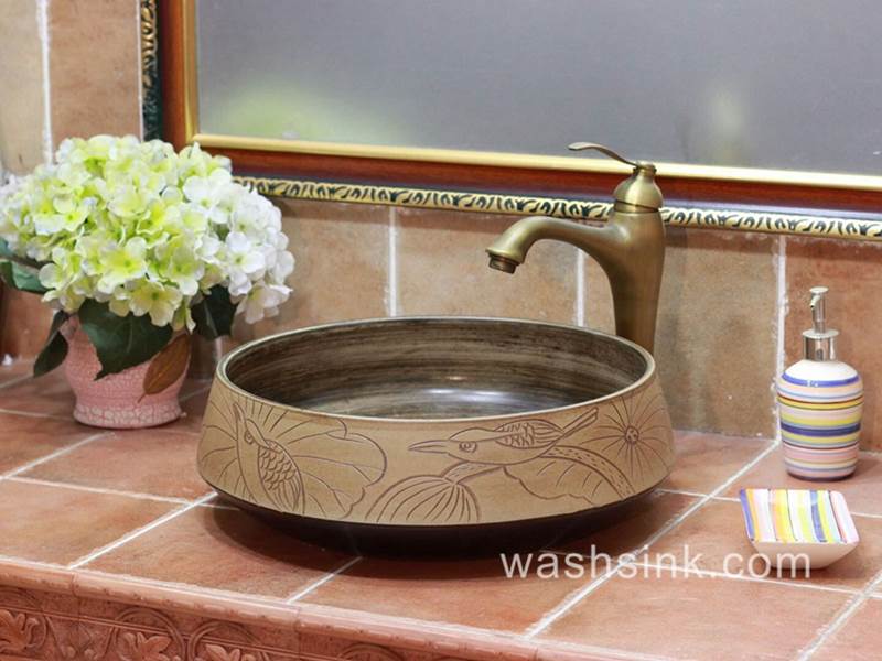 TPAA-055-w15h41j395 TPAA-055 Bird lotus pattern hand carving round ceramic kitchen vessel sink - shengjiang  ceramic  factory   porcelain art hand basin wash sink