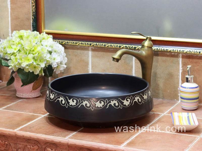 TPAA-056-w15h41j395 TPAA-056 Hand carving garland pattern black stainless ceramic utility sink bowl - shengjiang  ceramic  factory   porcelain art hand basin wash sink