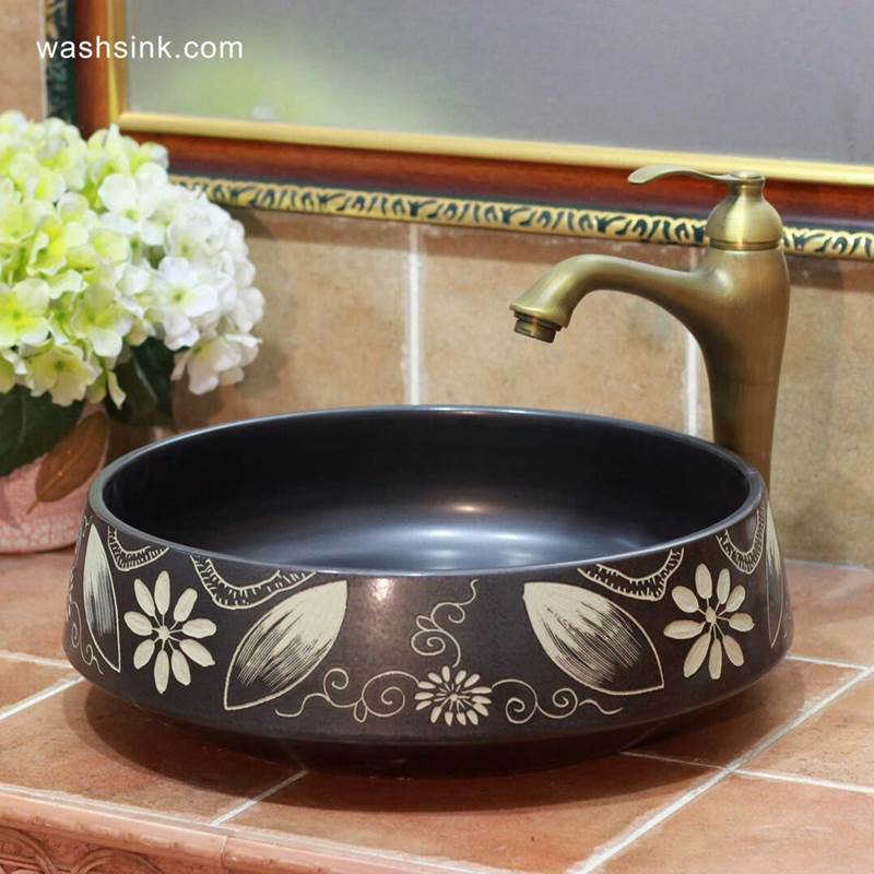 TPAA-057-w15h41j395 TPAA-057 Corn flower pattern black color ceramic best table top sink basin bowl - shengjiang  ceramic  factory   porcelain art hand basin wash sink