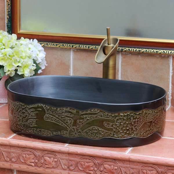TPAA-100-w56×33×15j3135-1 TPAA-100 Black stone design oval shape ceramic sink - shengjiang  ceramic  factory   porcelain art hand basin wash sink