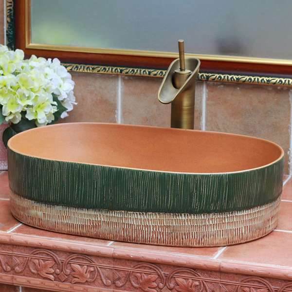 TPAA-101-w56×33×15j3135 TPAA-101 Green and yellow clay style oval pottery sanitary ware sink - shengjiang  ceramic  factory   porcelain art hand basin wash sink