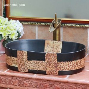 TPAA-105 Matte black glaze crude clay carved pattern above counter bathroom sinks 