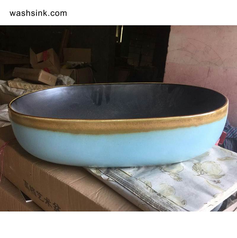 TPAA-107-w58×40×15j3135 TPAA-107 Sky blue color and yellow rim matte black inside pottery undermount sink - shengjiang  ceramic  factory   porcelain art hand basin wash sink