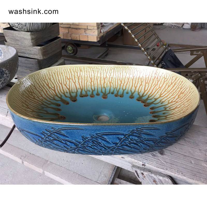 TPAA-109-w58×40×15j3135 TPAA-109 Drip glaze style carved reed pattern oval ceramic sink - shengjiang  ceramic  factory   porcelain art hand basin wash sink