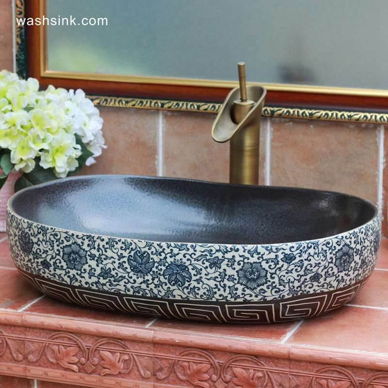 TPAA-110-w58×40×15j3135 TPAA-110 Blue and white floral pattern and carved vortex pattern oval shape ceramic sink top - shengjiang  ceramic  factory   porcelain art hand basin wash sink