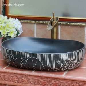 TPAA-112 Carved lotus pattern large black pebble imitation China commercial ceramic sink basin