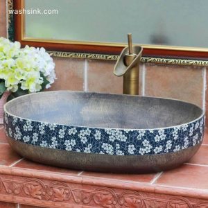 TPAA-113 Grey metal imitation blue and white floral rim oval bathroom bowl sinks 