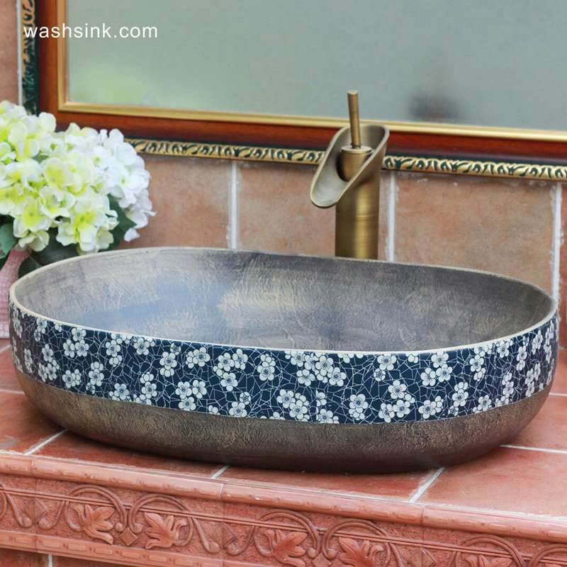 TPAA-113-w58×40×15j3135 TPAA-113 Grey metal imitation blue and white floral rim oval bathroom bowl sinks - shengjiang  ceramic  factory   porcelain art hand basin wash sink