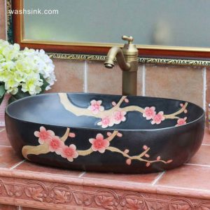 TPAA-117 Winter sweet carved pattern matte glaze ceramic oval washing hand basin for restaurant