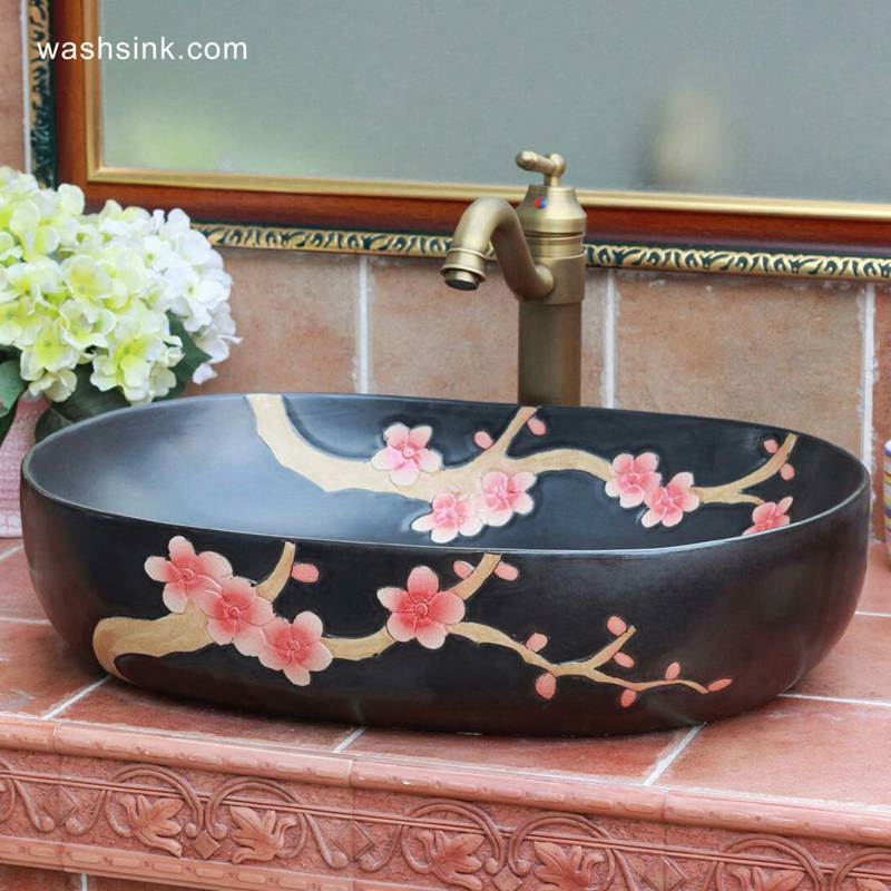 TPAA-117-w58×40×15j3135 TPAA-117 Winter sweet carved pattern matte glaze ceramic oval washing hand basin for restaurant - shengjiang  ceramic  factory   porcelain art hand basin wash sink